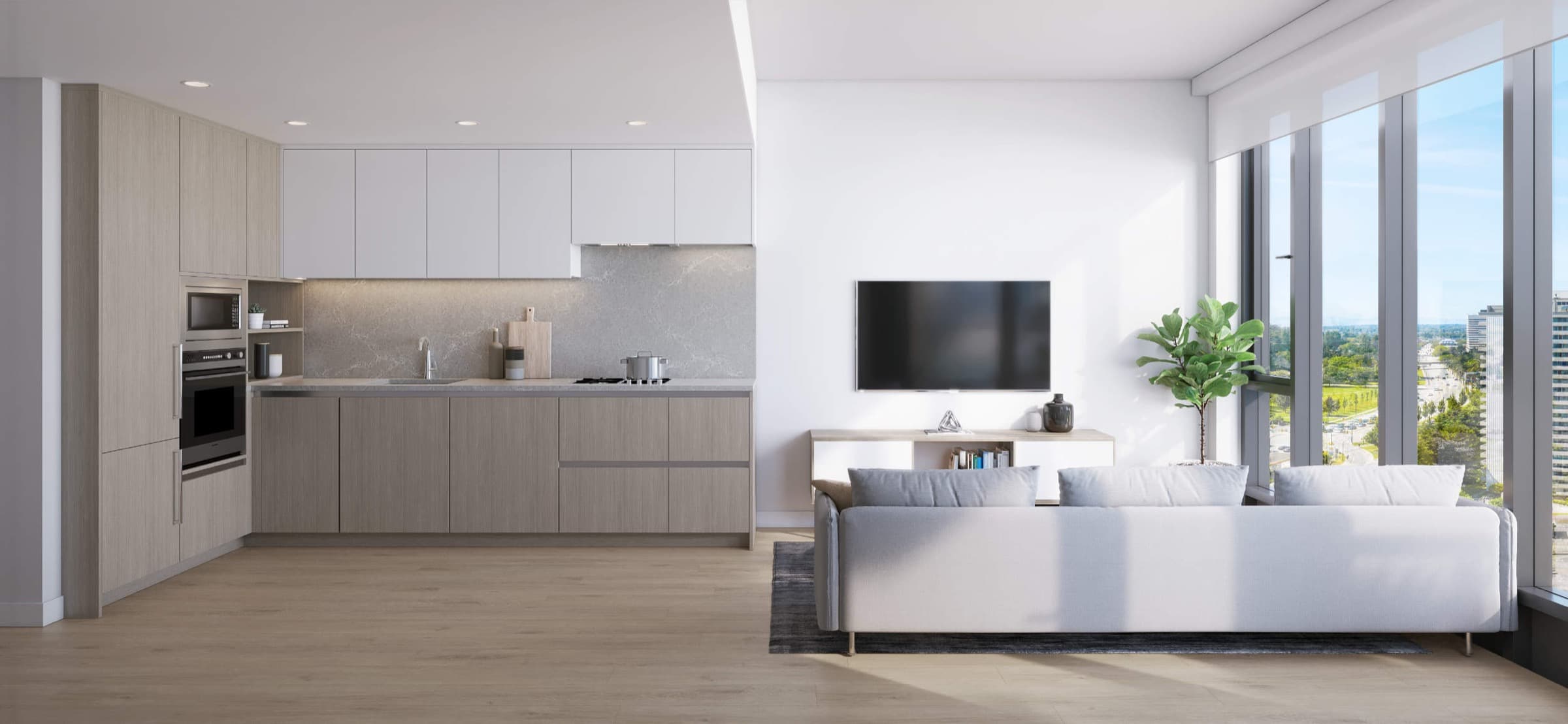 A light-filled Artesia living and kitchen space in the Water palette