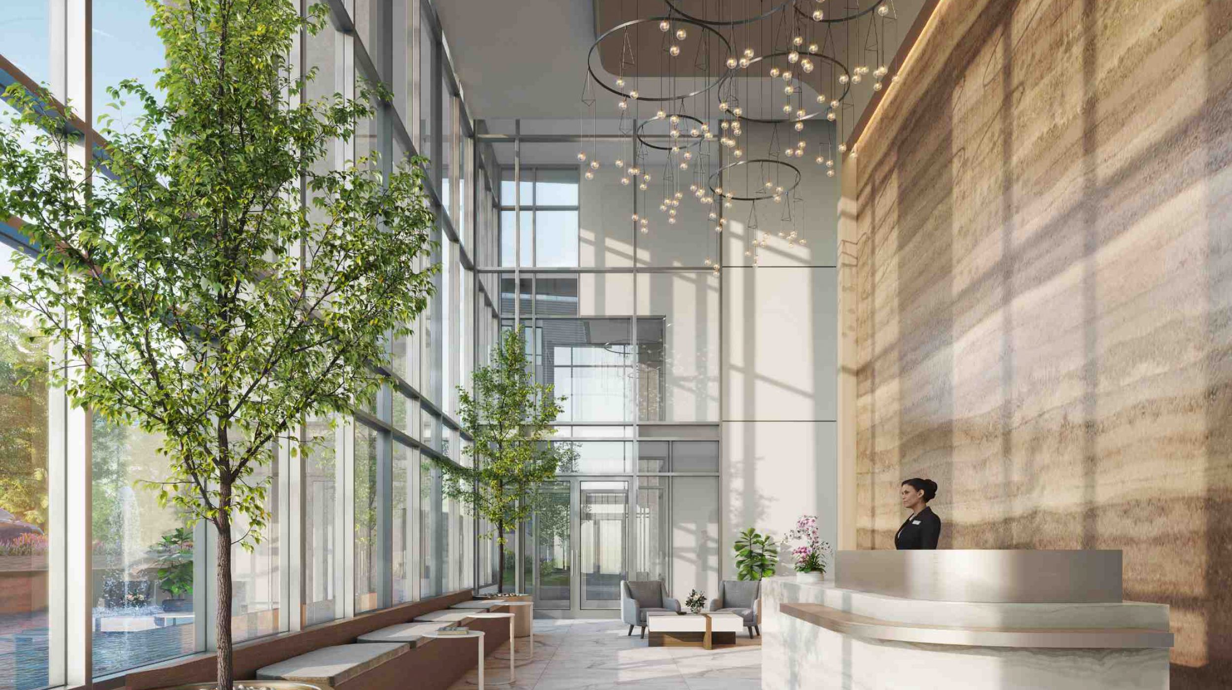 Artesia’s lobby rises from a soothing reflecting pool in constant connection with nature.